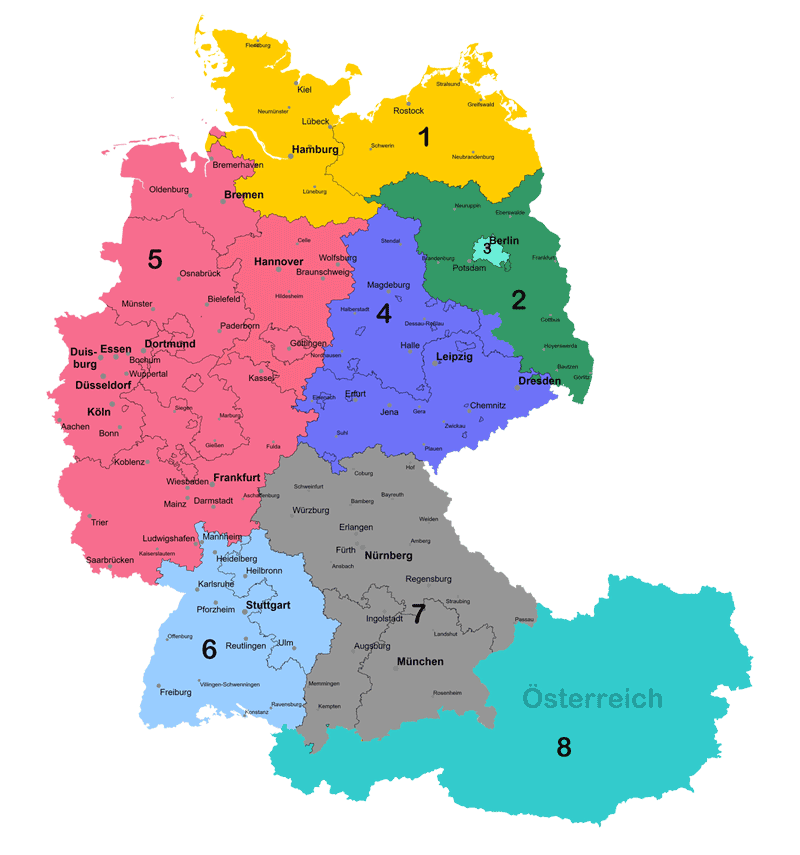 Karte von Deutschland und Österreich mit Vertriebsgebieten
